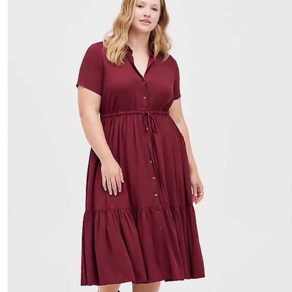 torrid Dresses & Skirts - Torrid Tiered Midi Shirt Dress - Stretch Challis Burgundy Size 6 (30) Like New